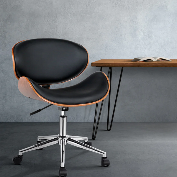 Wooden Office Chair Leather Seat Black