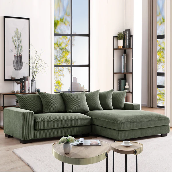 "BRAM" L-Shape Sofa Corduroy Fabric Forest Green