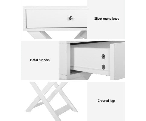 One drawer X legs Bedside Table - White - NAL1DBS