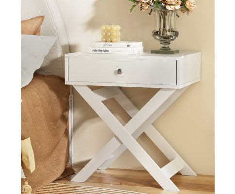 One drawer X legs Bedside Table - White - NAL1DBS