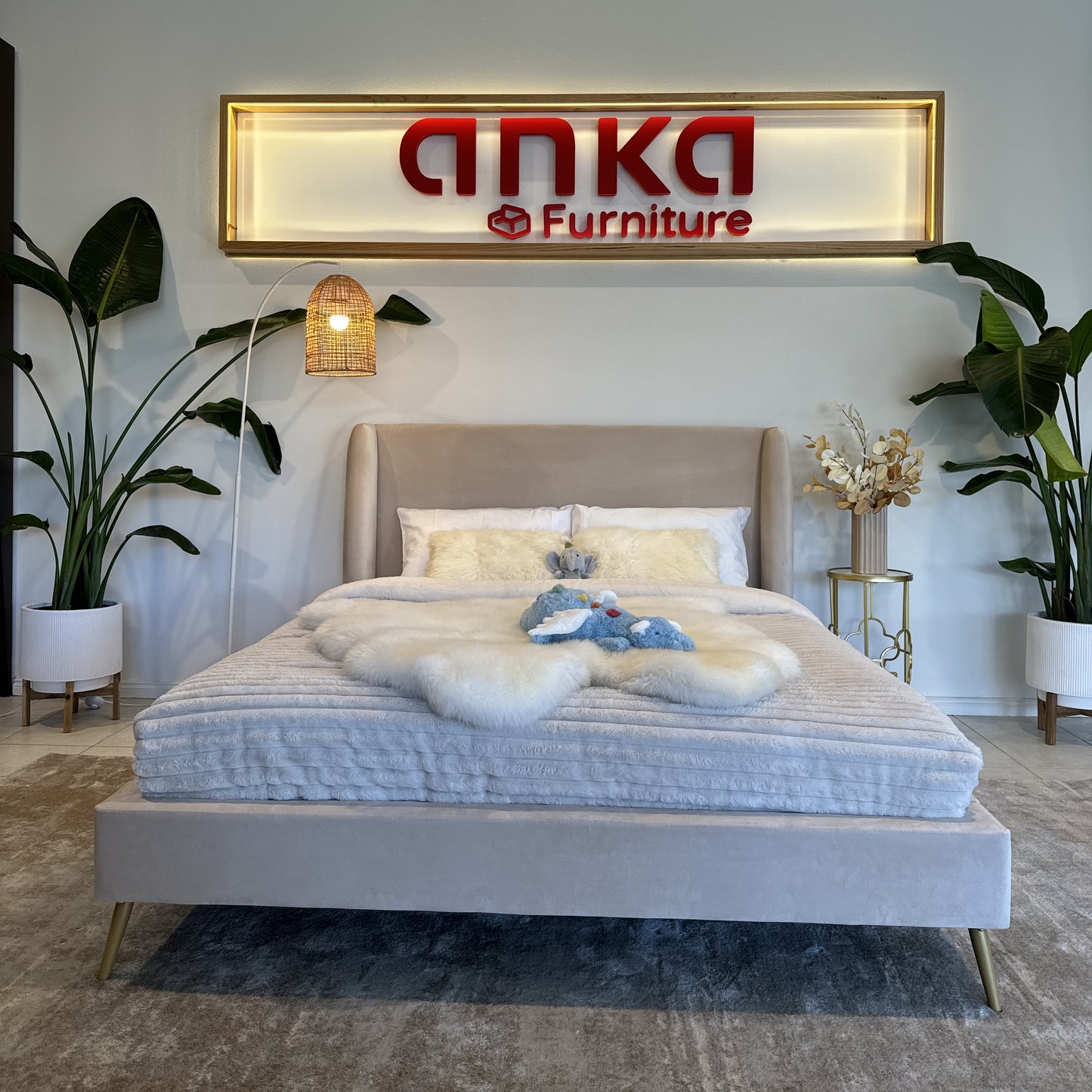 Anka Tuba Bed Frame -Soft beige velvet with golden metallic legs