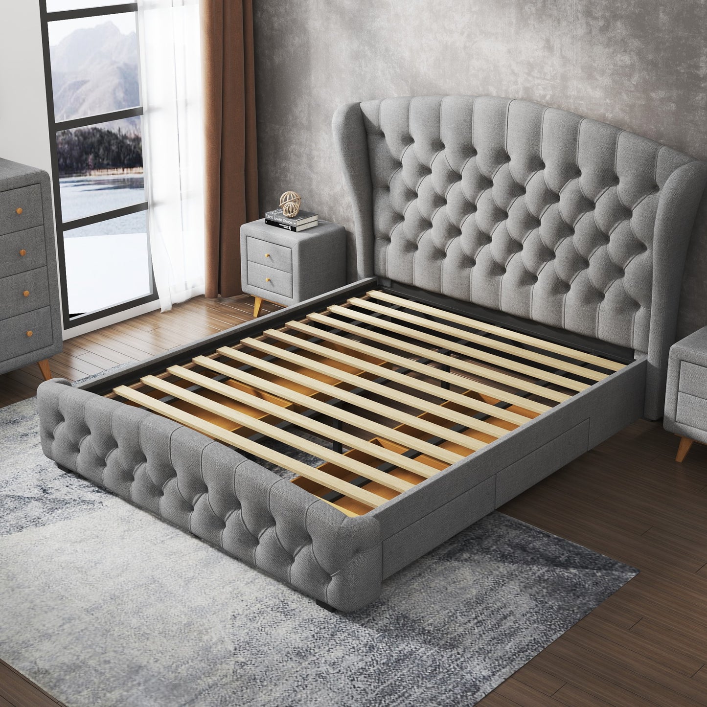 Anka Marimba 4D-Storage Grey Fabric Bed Frame