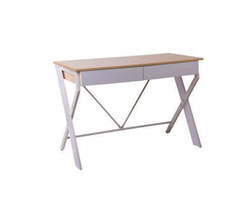 100cm Two drawers Desk with X metal leg - Oak & White - NA116DK