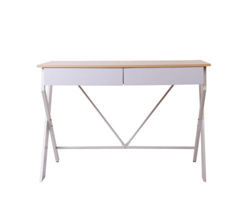 100cm Two drawers Desk with X metal leg - Oak & White - NA116DK