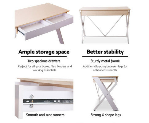 100cm Two drawers Desk with X metal leg - Oak & White - NA116DK