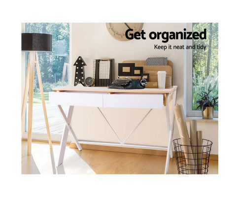 100cm Two drawers Desk with X metal leg - Oak & White - NA116DK