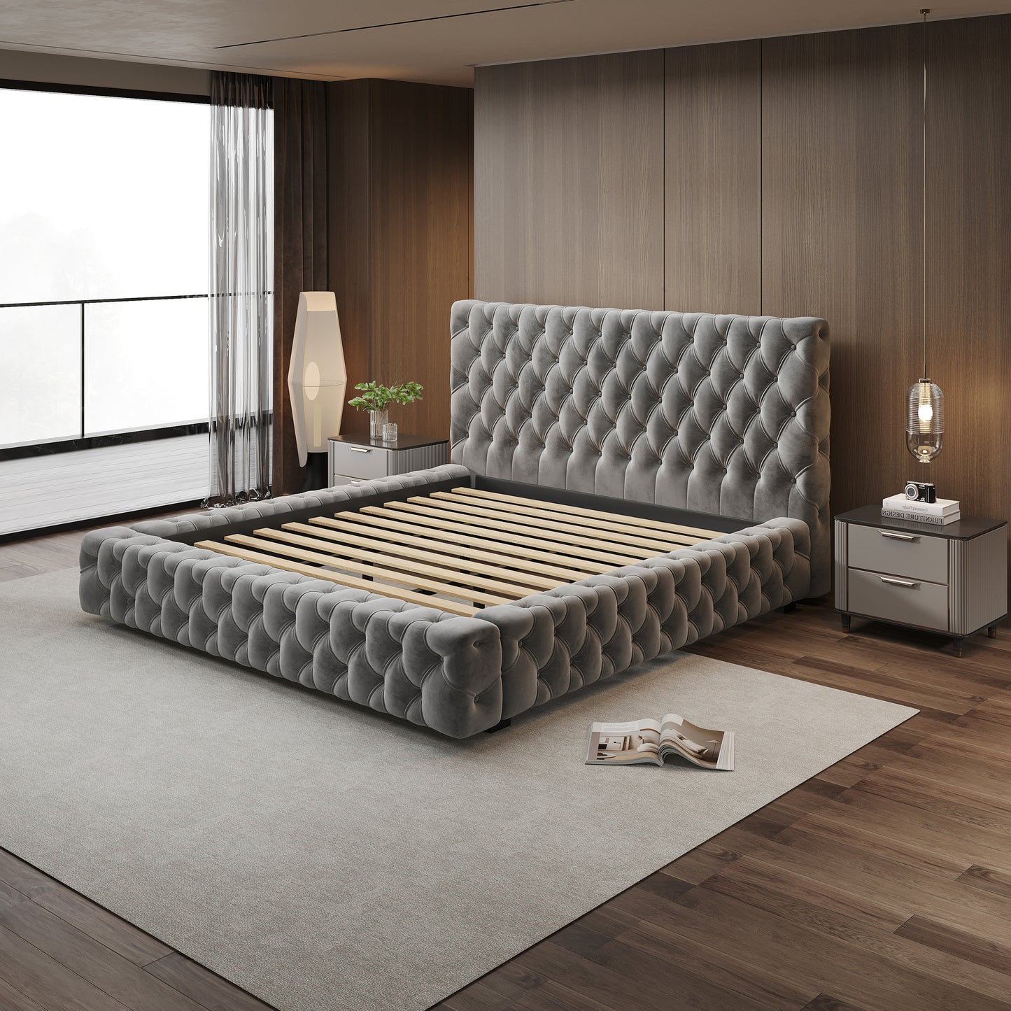 Anka Piano Bed Frame with Deep button tufting -Plush grey velvet