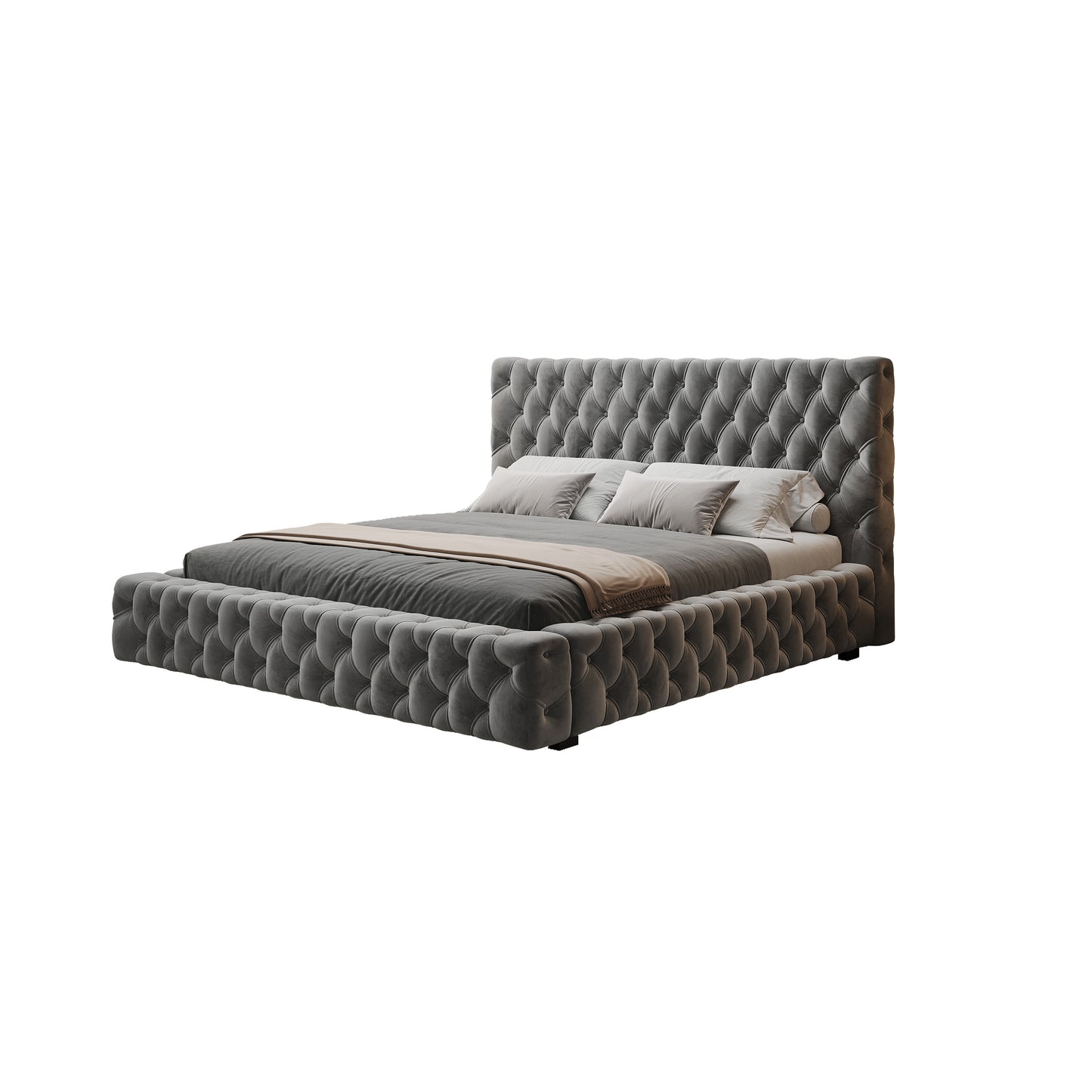 Anka Piano Bed Frame with Deep button tufting -Plush grey velvet