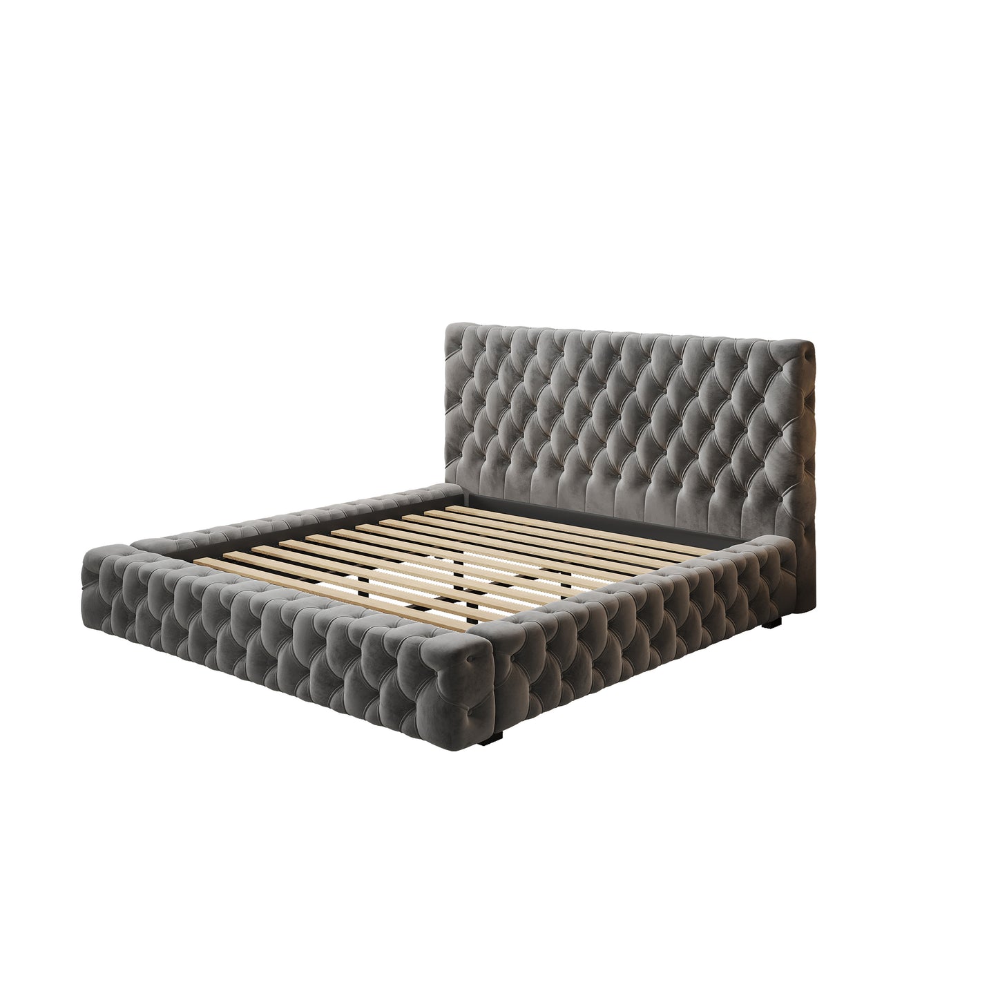 Anka Piano Bed Frame with Deep button tufting -Plush grey velvet