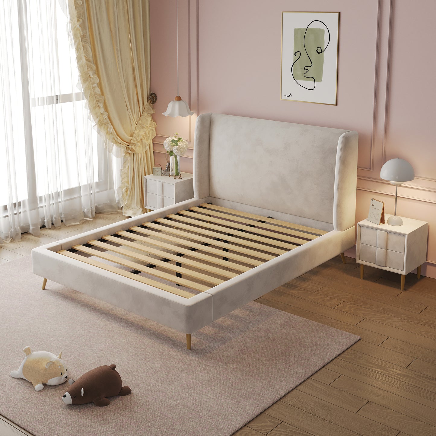 Anka Tuba Bed Frame -Soft beige velvet with golden metallic legs