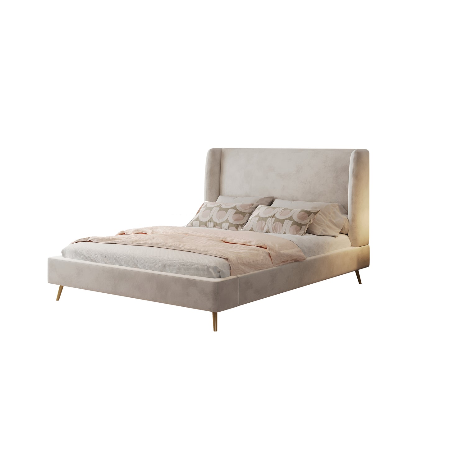 Anka Tuba Bed Frame -Soft beige velvet with golden metallic legs